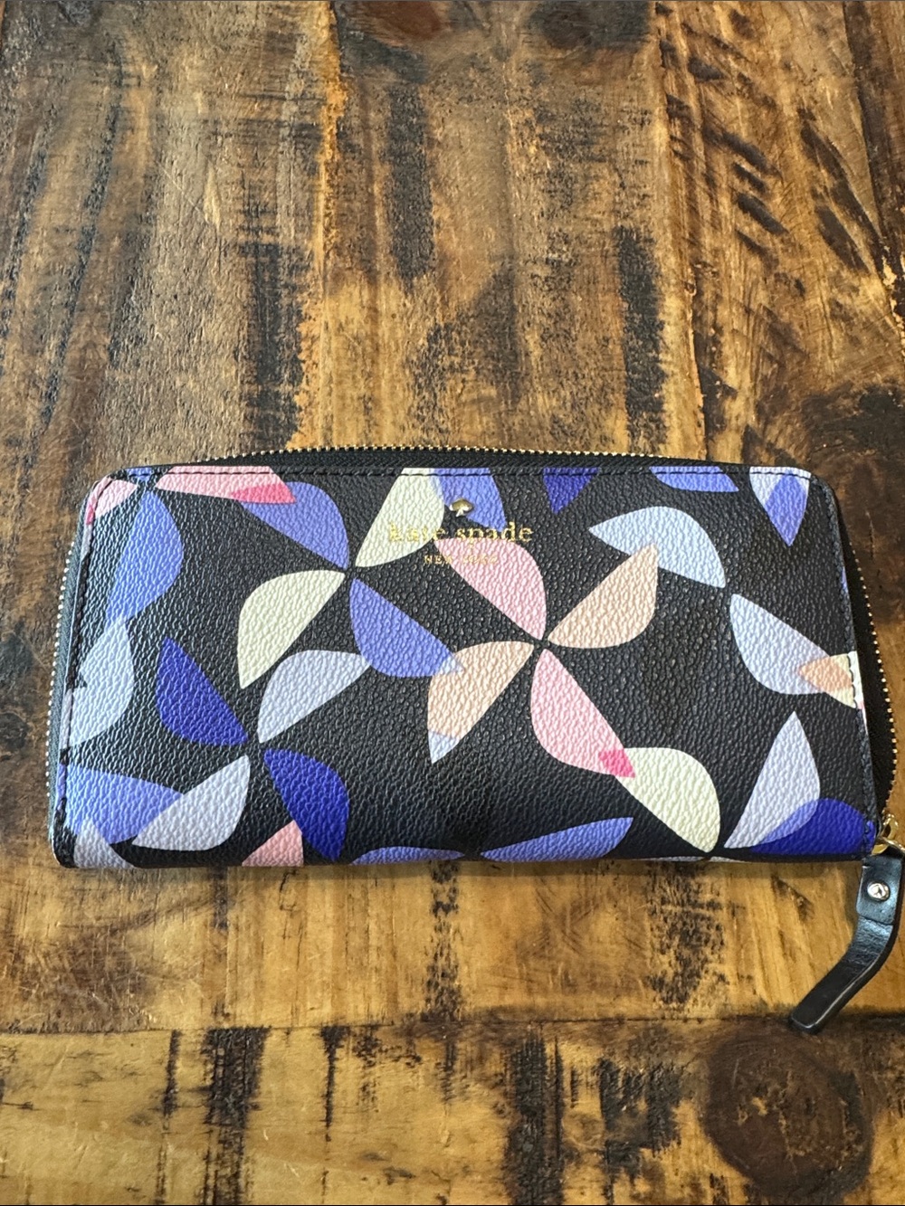 kate spade Black Floral Petal Zip Wallet with Pastel Accents